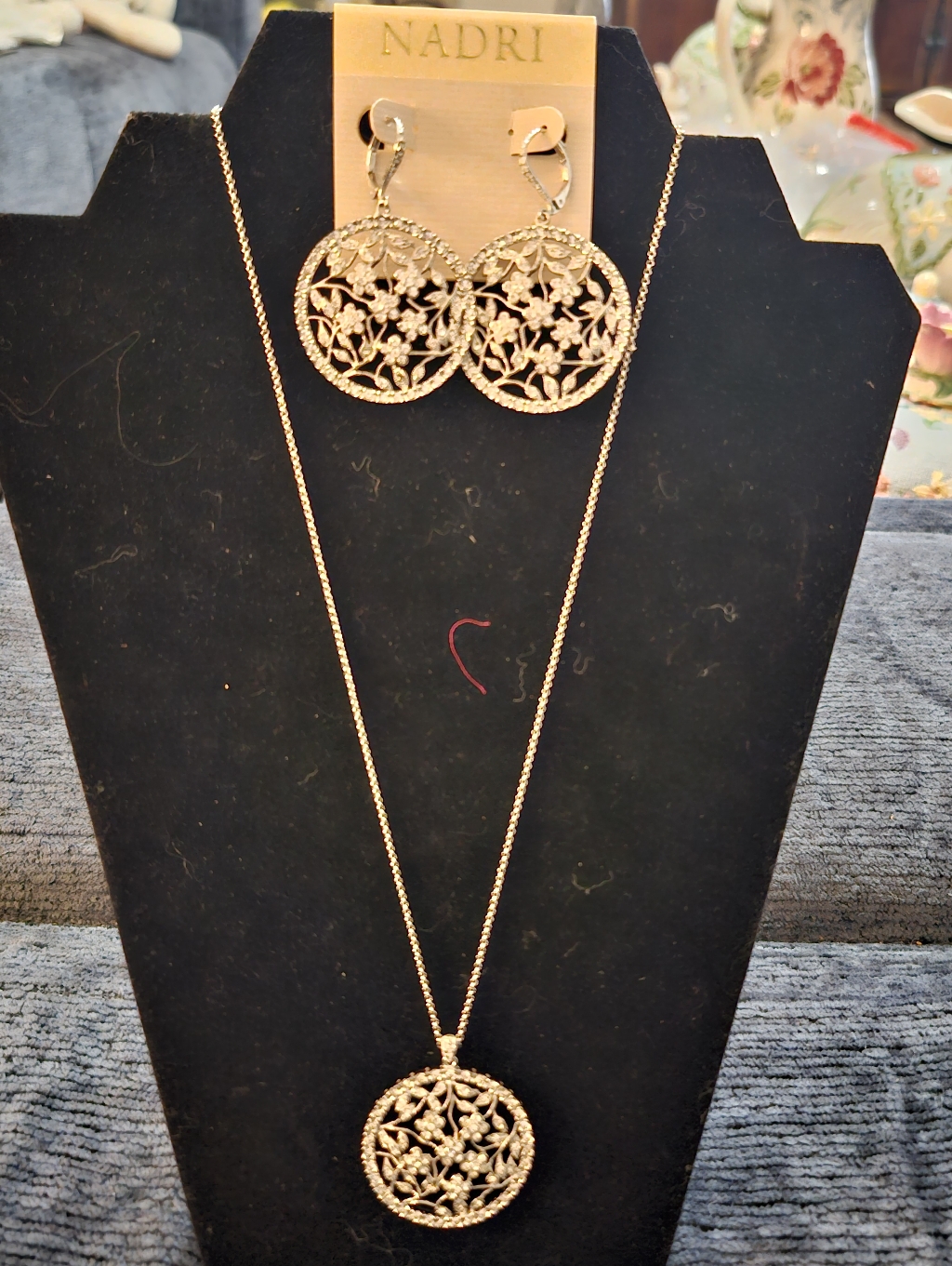 Nadri Silver Floral Filigree Necklace And Earrings Set